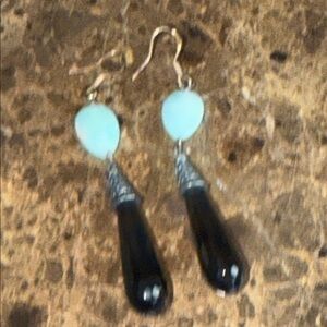 Black faceted onyx long teardrop and faceted amazonite Dangle pierced  Earrings